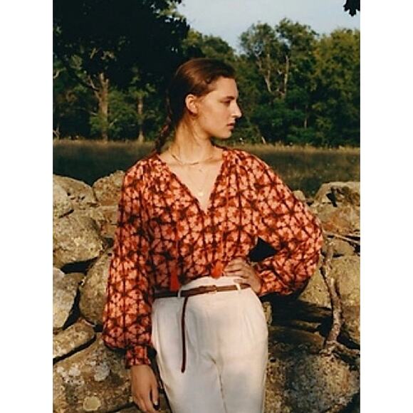 Anthropologie x Porridge Elisabeth Peasant Blouse Size XL Rust Ikat Boho Top - Picture 2 of 7